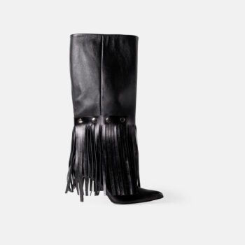 Bota larga ARIA con flecos en cuero negro