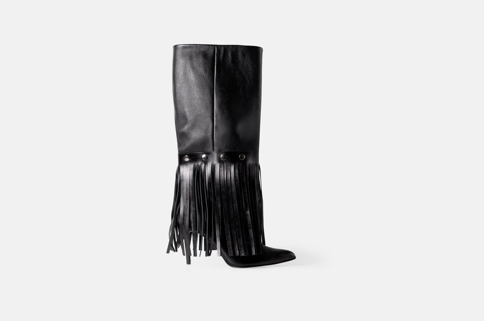 Bota larga ARIA con flecos en cuero negro